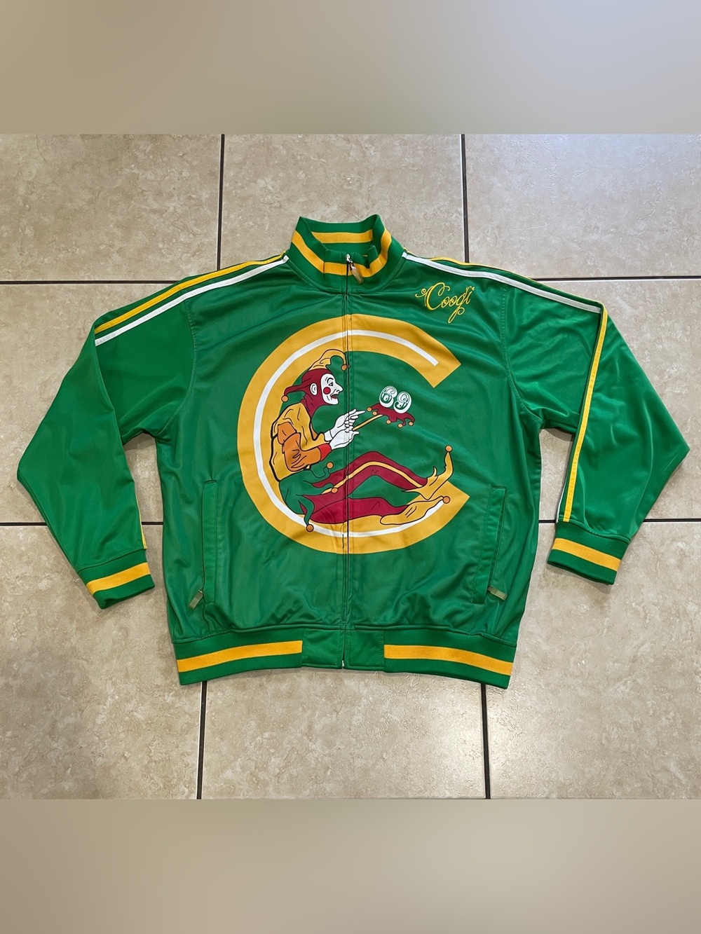 COOGI Men’s Green Full-Zip Jacket with Yellow Trim & Multicolor Logo Size XXL